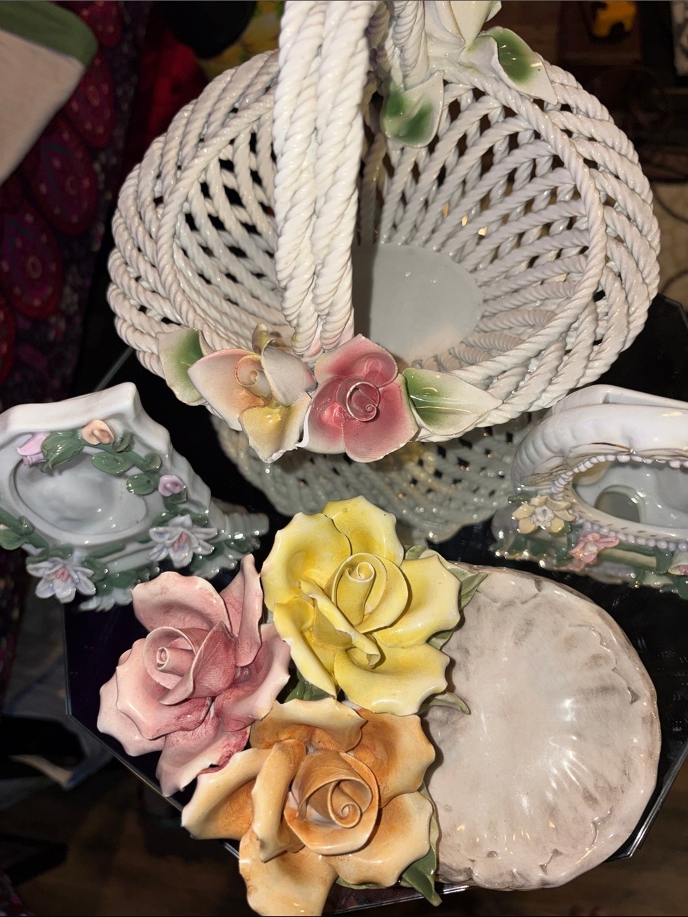 3D Ceramic Flowers Home Decor Bundle Soap Dish 2 Frames & A Basket Made In Italy - Picture 6 of 9